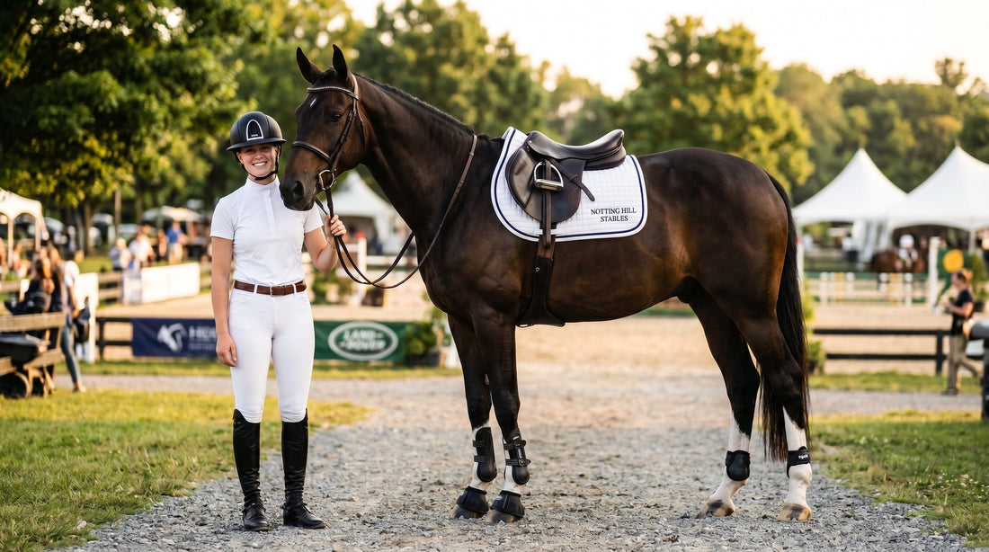 Hunter jumper rider in white full seat breeches and black KASK helmet standing beside a dark bay warmblood at a summer horse show with Notting Hill Stables saddle pad