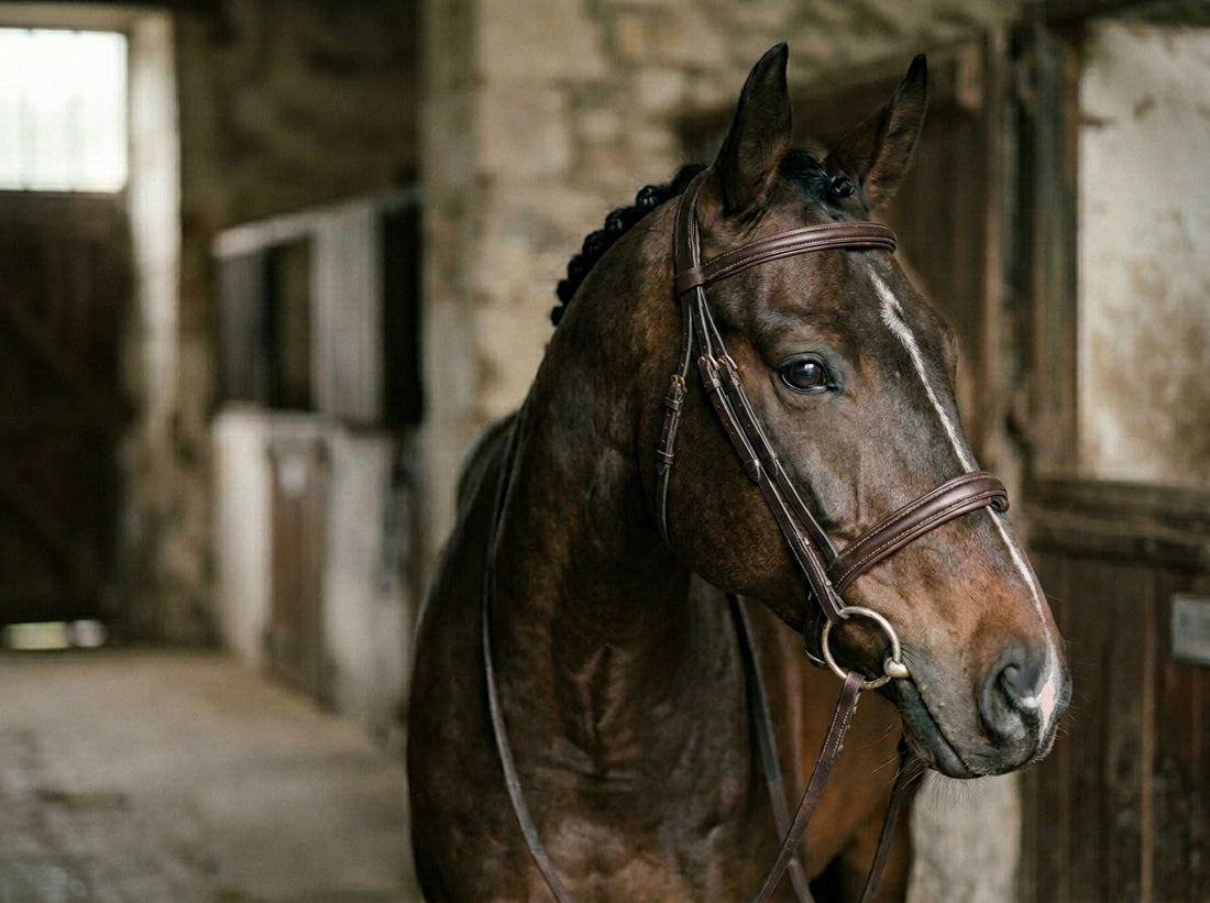 A dark bay horse in a fitted brown leather bridle stands calmly in a rustic stone stable aisle, ears forward and eye soft, turned gently toward natural light.