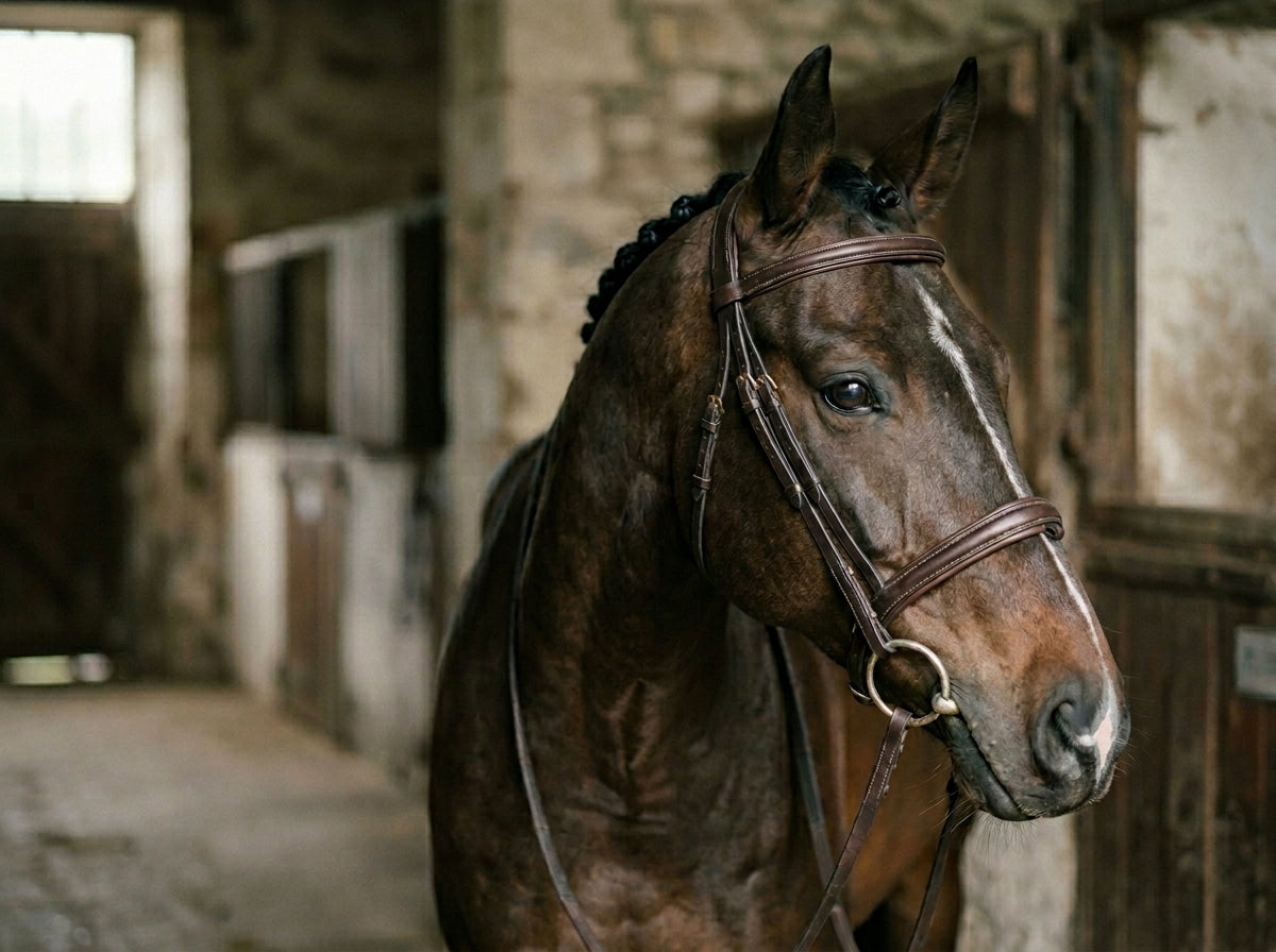 A dark bay horse in a fitted brown leather bridle stands calmly in a rustic stone stable aisle, ears forward and eye soft, turned gently toward natural light.