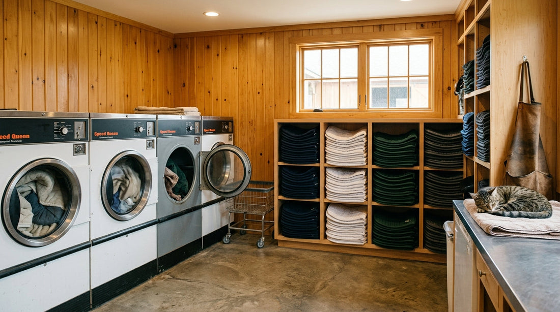 Commercial barn laundry room with industrial washers, organized saddle pad shelving, and a tabby cat resting on the counter