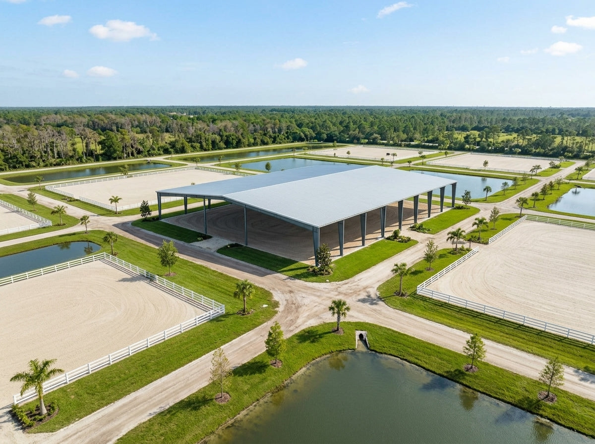Aerial view of a modern Florida equestrian show ground with a large open-sided covered arena, several sand competition rings with white fencing, and water retention ponds set in flat green landscape under a blue sky.