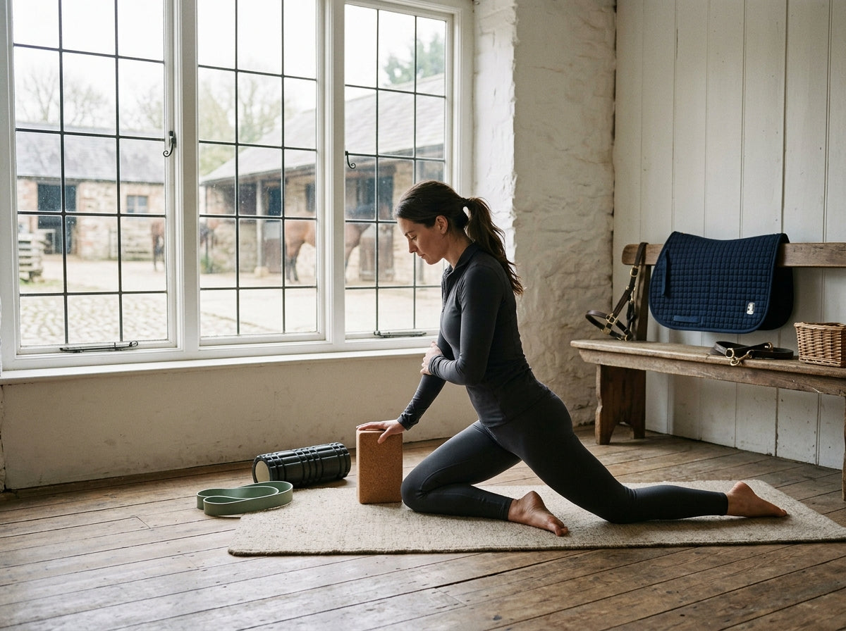 A rider in charcoal athletic wear kneels in a low lunge stretch on a wool mat, one hand resting on a cork block, with a foam roller and resistance band nearby and a navy saddle pad on a bench, in a light-filled room overlooking a stable yard.