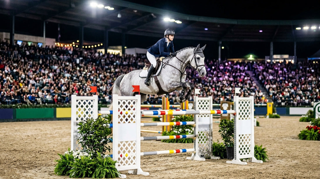 Grand prix show jumping horse and rider competing under arena lights at a premier American hunter jumper horse show venue
