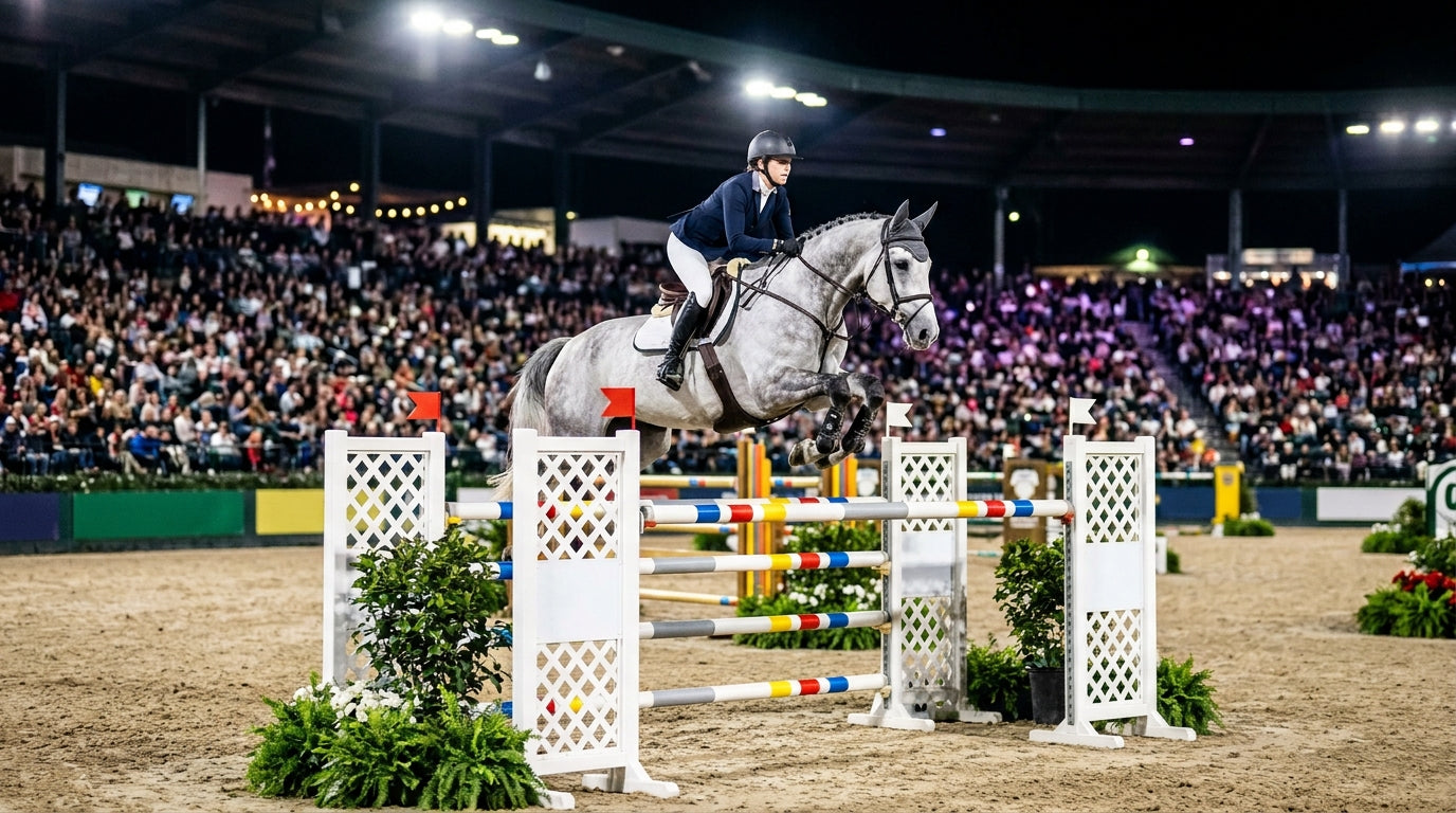 Grand prix show jumping horse and rider competing under arena lights at a premier American hunter jumper horse show venue