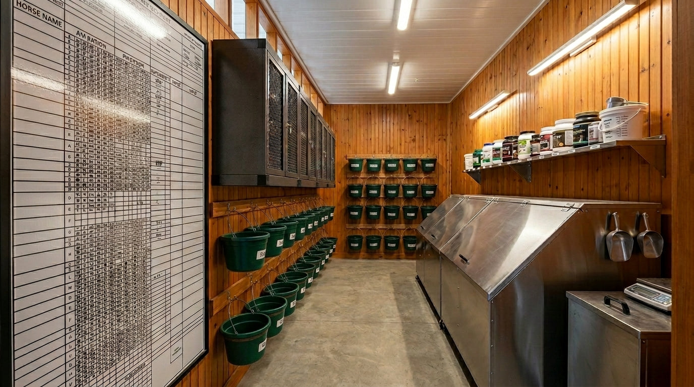 Professional horse barn feed room with wall-mounted green feed buckets, stainless steel grain bins, laminated AM ration feed chart, and supplement shelf