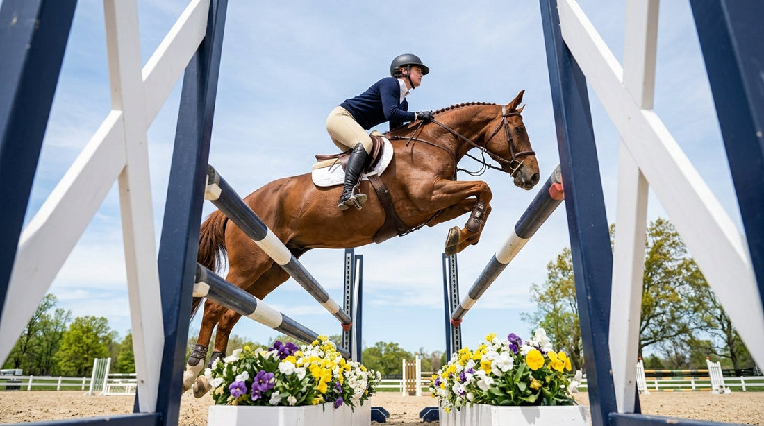Liver chestnut warmblood horse jumping a large Swedish oxer with navy and white rails at a spring training session rider in champagne breeches and navy sweater