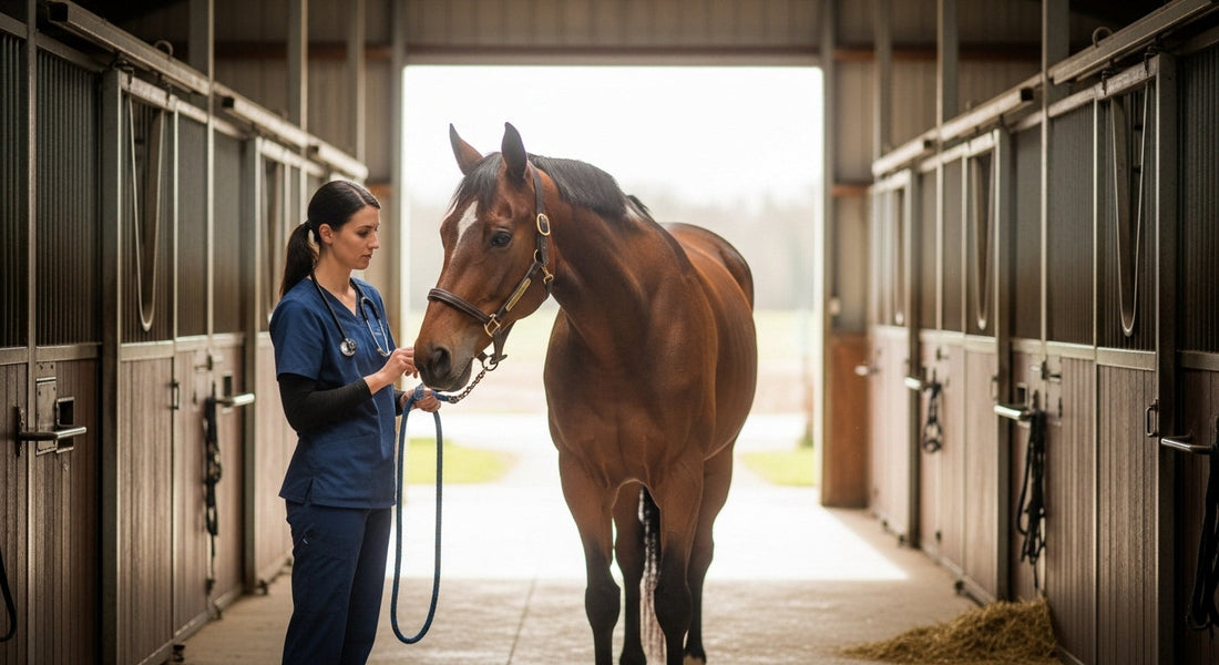 Veterinarian administering deworming paste to a bay warmblood horse in a clean barn aisle, spring horse care