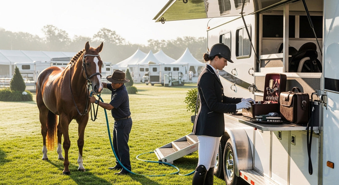  Hunter rider in show coat and white breeches preparing at the trailer before a hunter jumper horse show, grooming kit visible