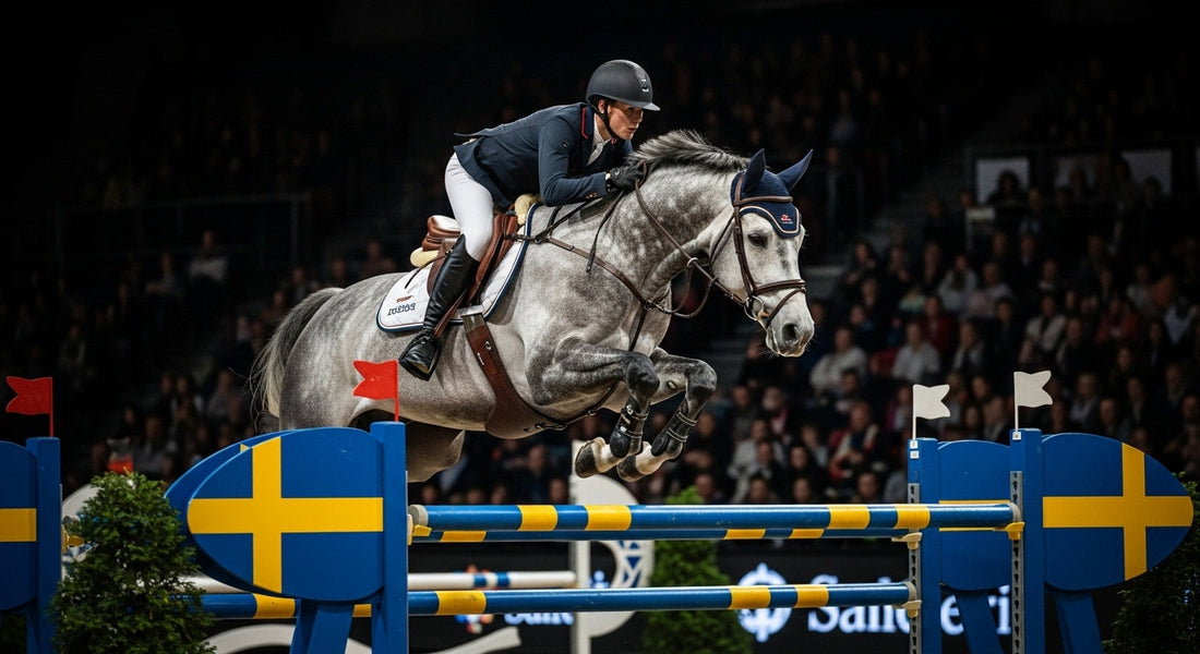 Grand Prix show jumping horse and rider competing over a wide oxer in an indoor arena, dramatic arena lighting