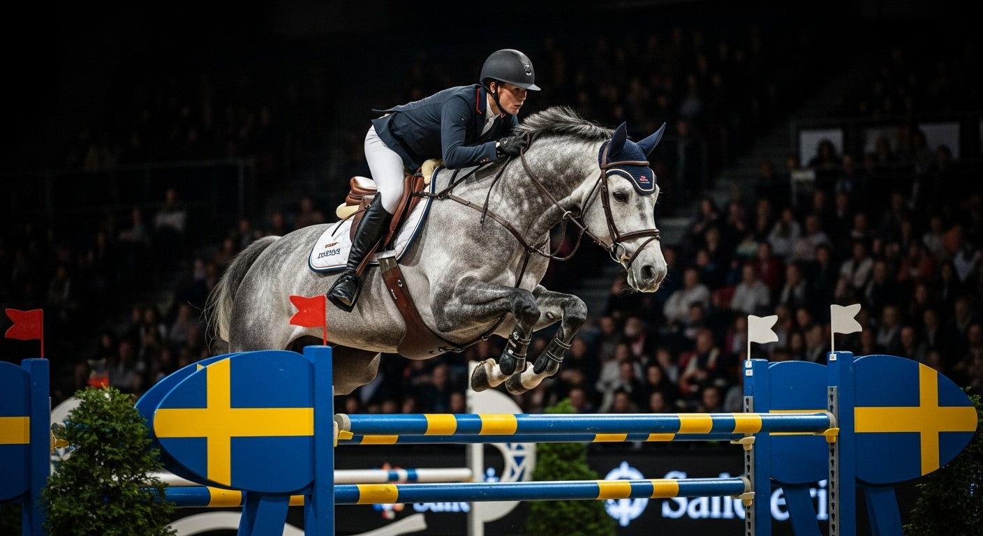 Grand Prix show jumping horse and rider competing over a wide oxer in an indoor arena, dramatic arena lighting