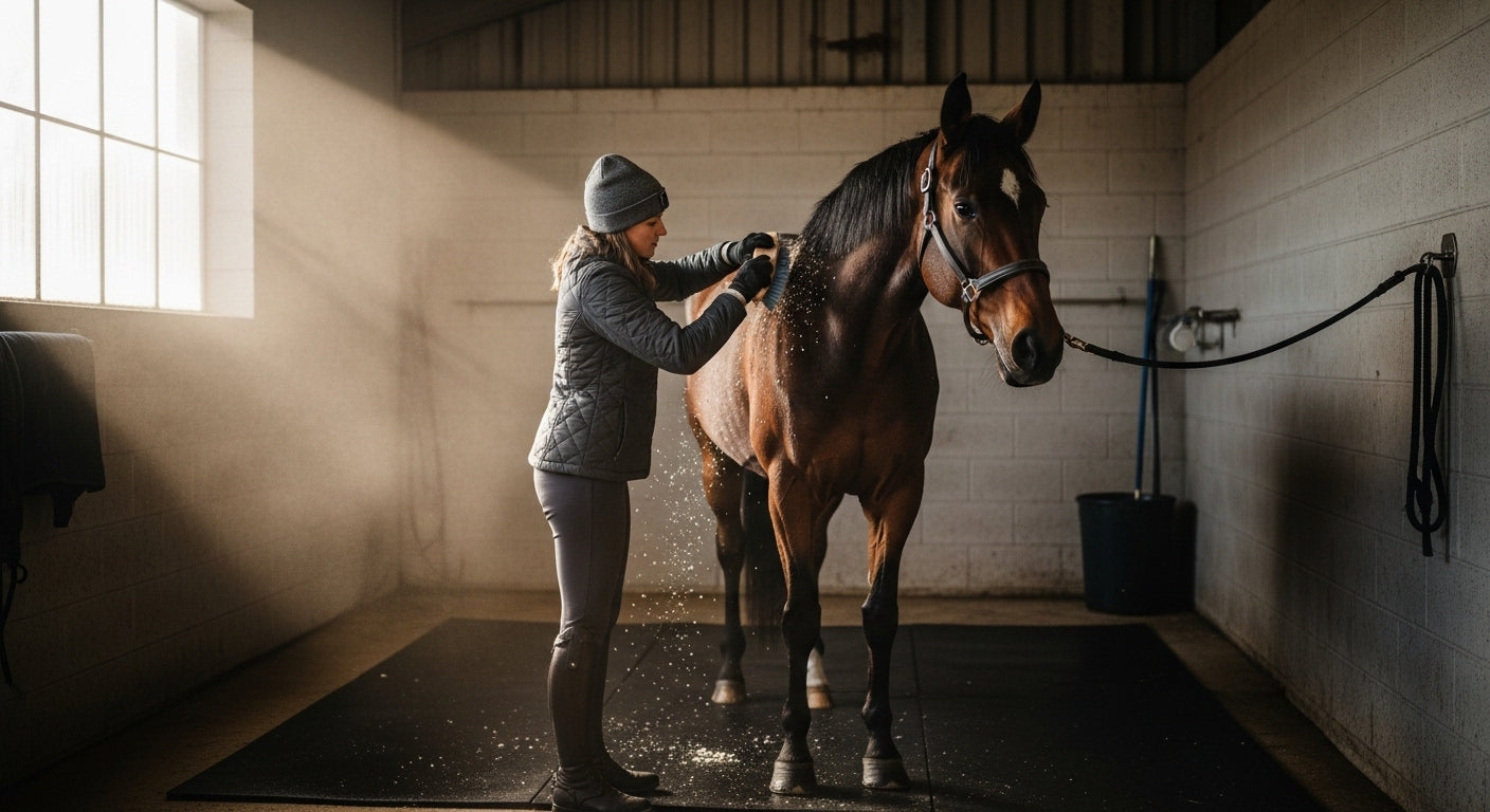 Hunter rider braiding a bay horse's mane in a barn stall the morning before a horse show, preparing for competition