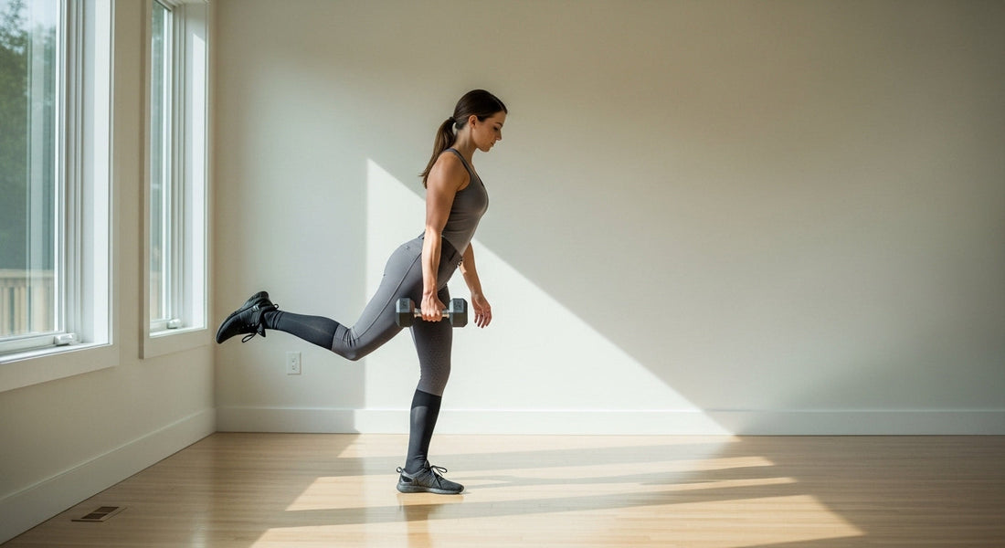 Equestrian rider in breeches doing a single leg deadlift with a dumbbell in a bright home gym, rider fitness training off the horse
