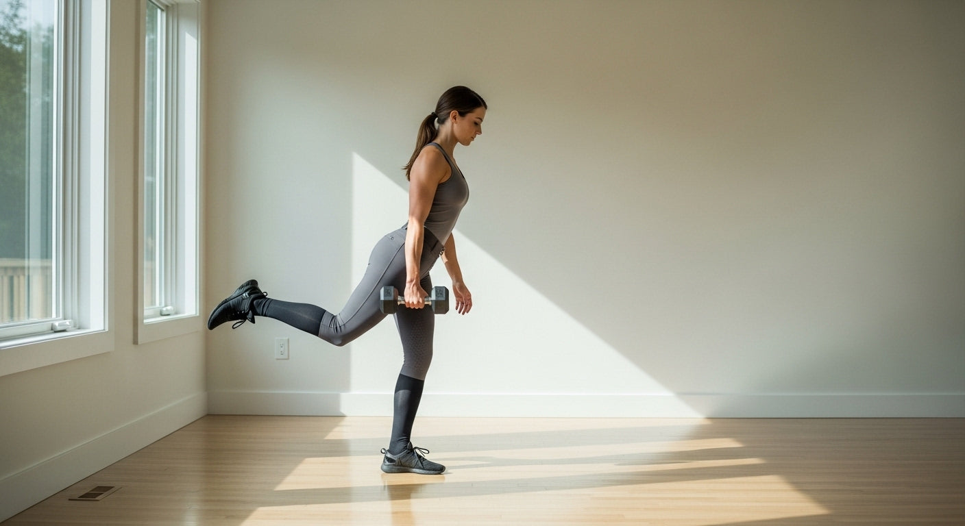 Equestrian rider in breeches doing a single leg deadlift with a dumbbell in a bright home gym, rider fitness training off the horse