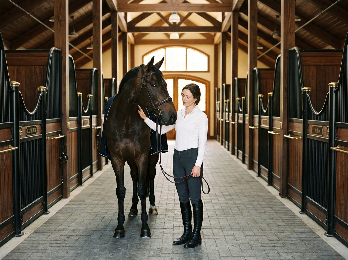  Bay warmblood standing quietly in an immaculate competition barn aisle, woman in dark charcoal breeches and white show shirt resting hand on horse's neck, warm golden barn light — Notting Hill Equine