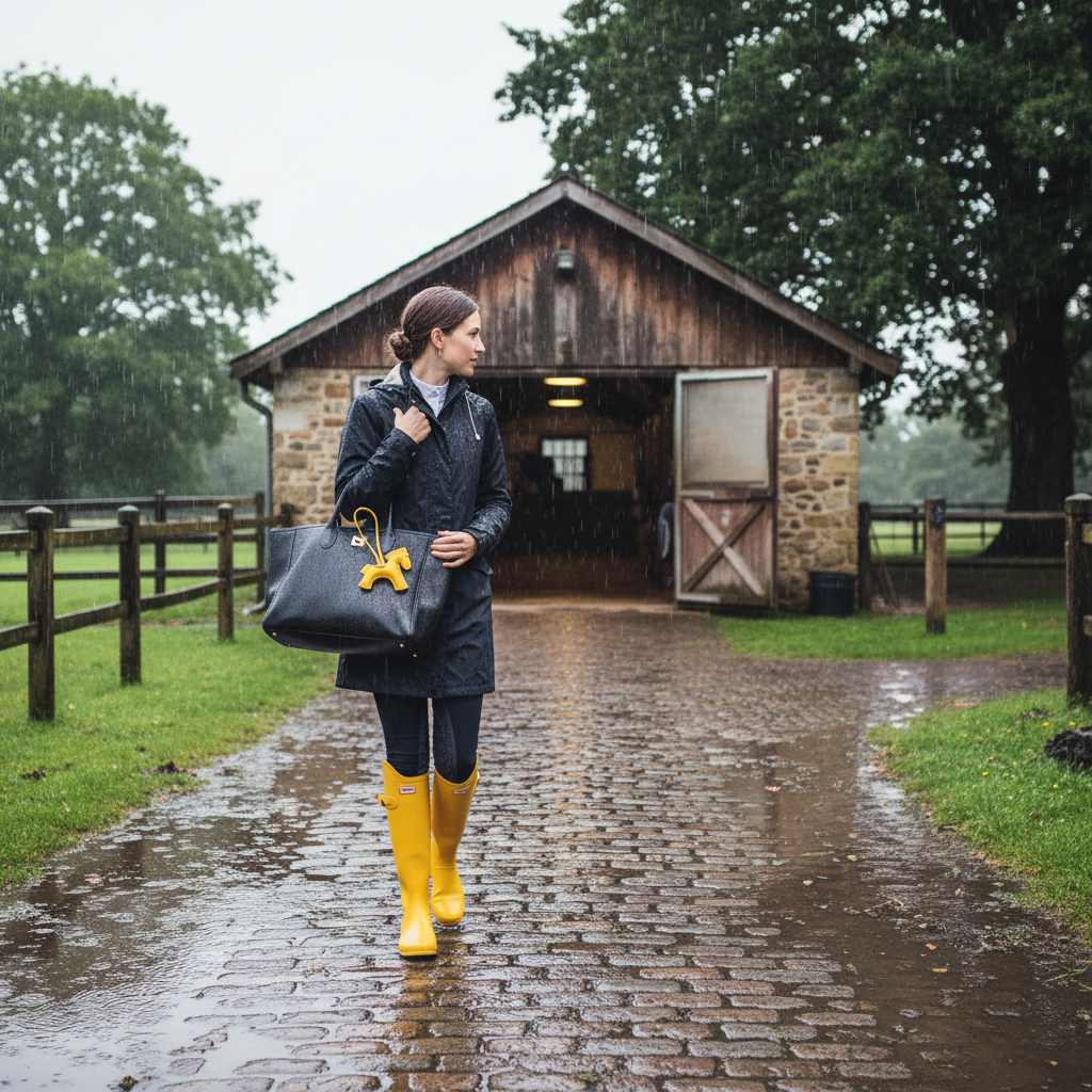 Rider in navy rain jacket and yellow boots standing on cobblestone barn drive in the rain, holding a black tote with yellow leather pony charm