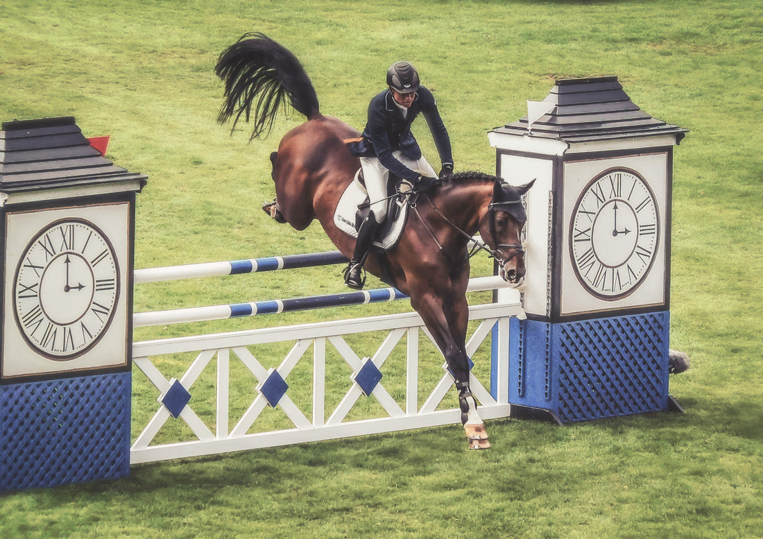 brown horse jumping over large vertical obstacle in world cup competition
