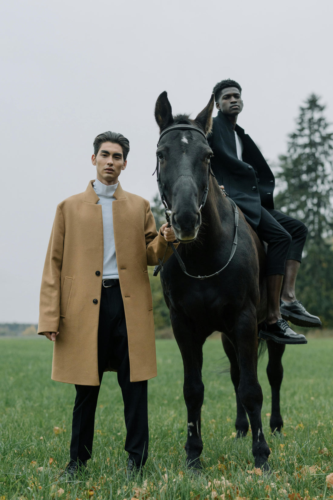 two male models wearing spring high end blazers with a black horse in pasture