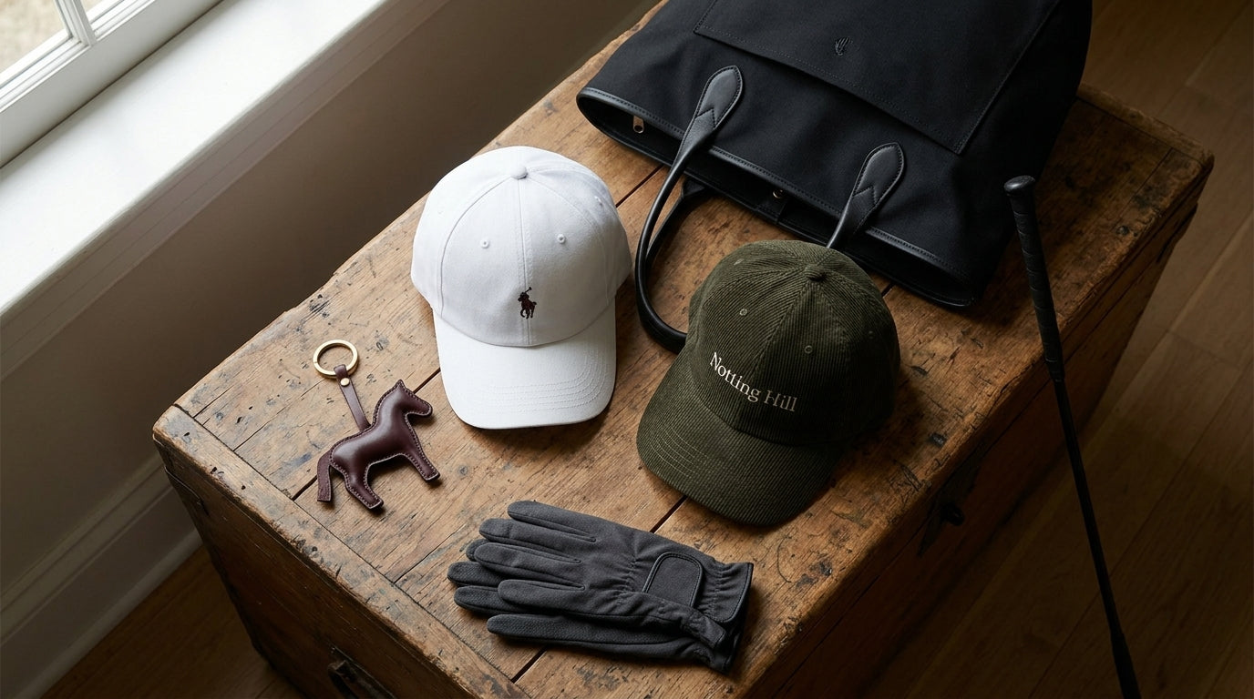 Notting Hill Equine equestrian accessories flat lay including pony keychain charm, baseball caps, barn tote, riding gloves and leather crop on a wooden tack trunk
