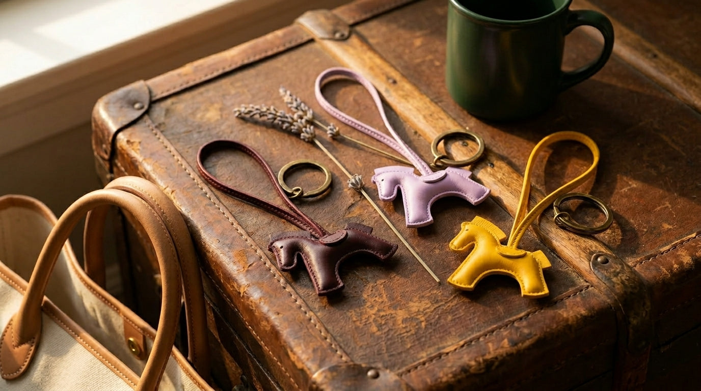 Notting Hill Equine horse jewelry and equestrian gifts flat lay featuring leather pony keychain charms in oxblood wisteria and marigold on a wooden tack trunk with NHE barn mug and tote
