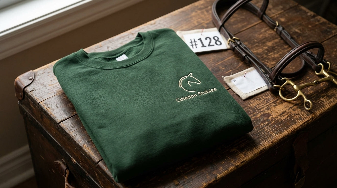 Forest green custom embroidered stable crewneck sweatshirt with a horse logo on a wooden tack trunk, custom stable apparel from Notting Hill Equine