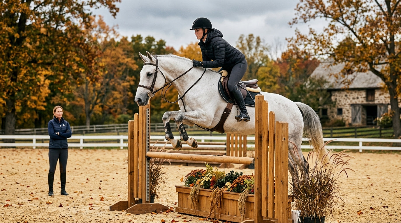 woman jumping a grey hunter horse in fall wearing a heated jacket by notting hill equine