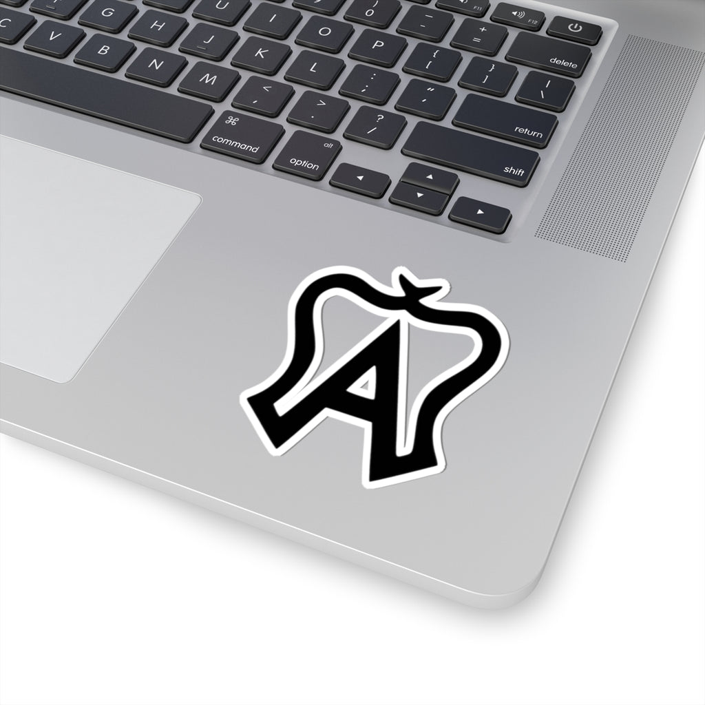 Laptop with a black and white logo sticker on the palm rest area