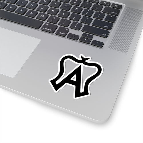 Laptop with a black and white logo sticker on the palm rest area