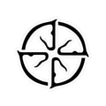 Black and white symbol with four curved lines intersecting at the center on a white background