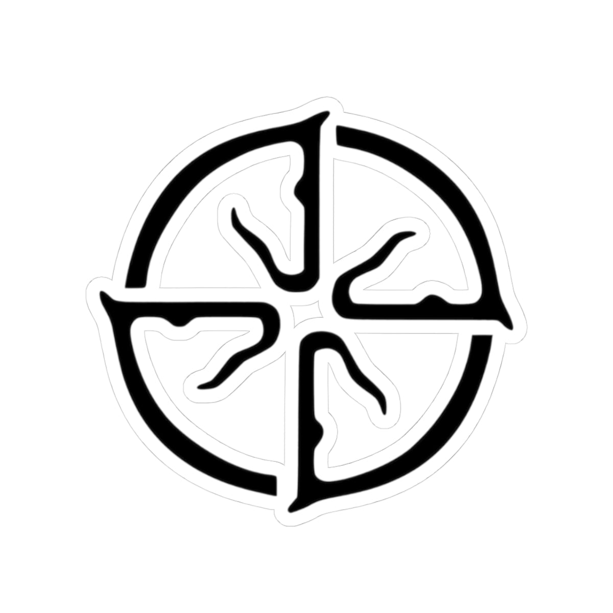 Black and white symbol with four curved lines intersecting at the center on a white background