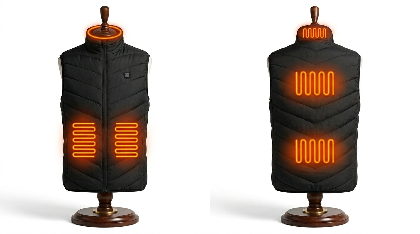 Four-zone heated vest in black displayed on mannequin stands front and back view — Notting Hill Equine