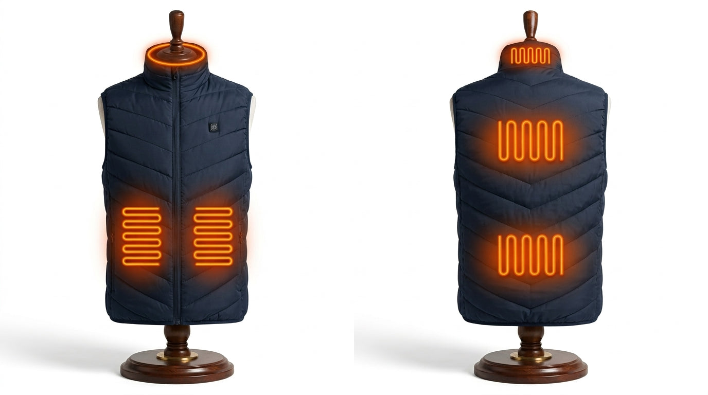 Four-zone heated vest in navy blue displayed on mannequin stands showing heating zone placement — Notting Hill Equine