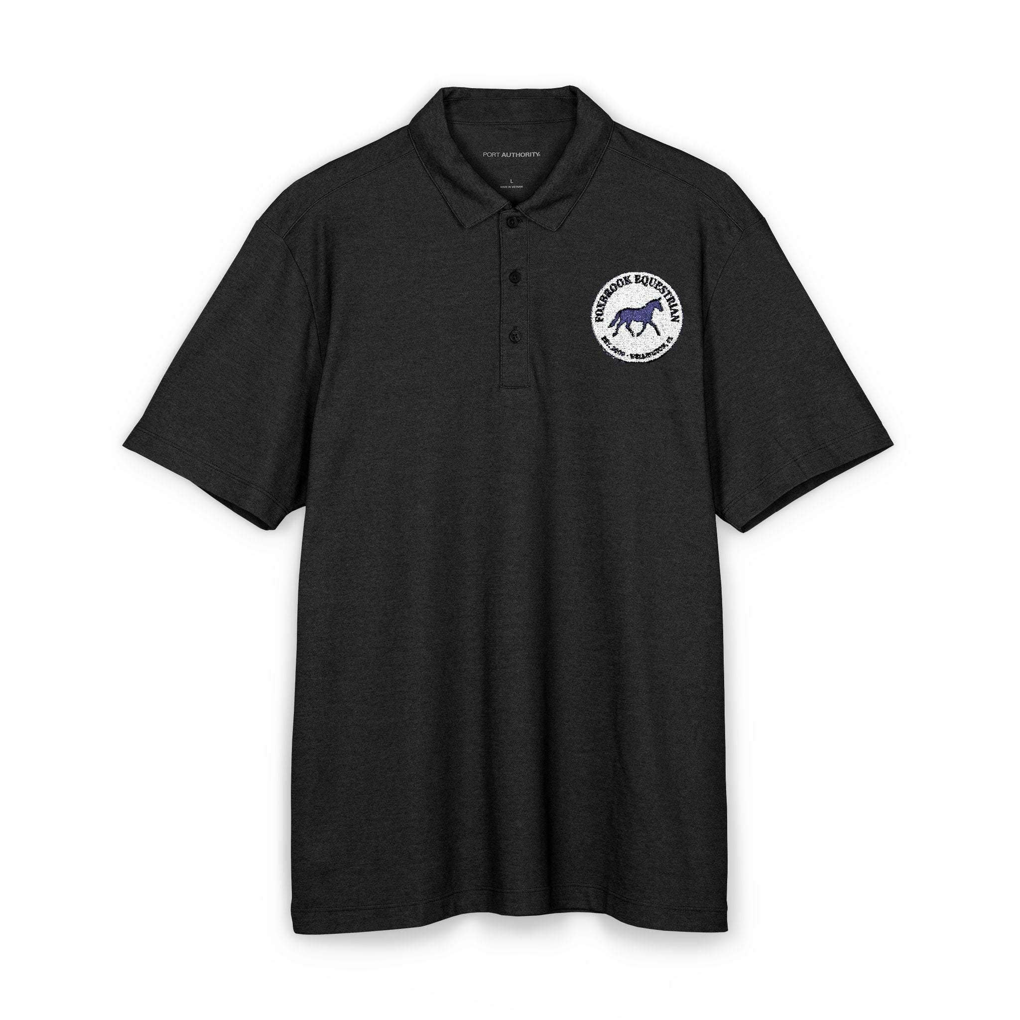 Black polo shirt with a logo on the chest against a white background