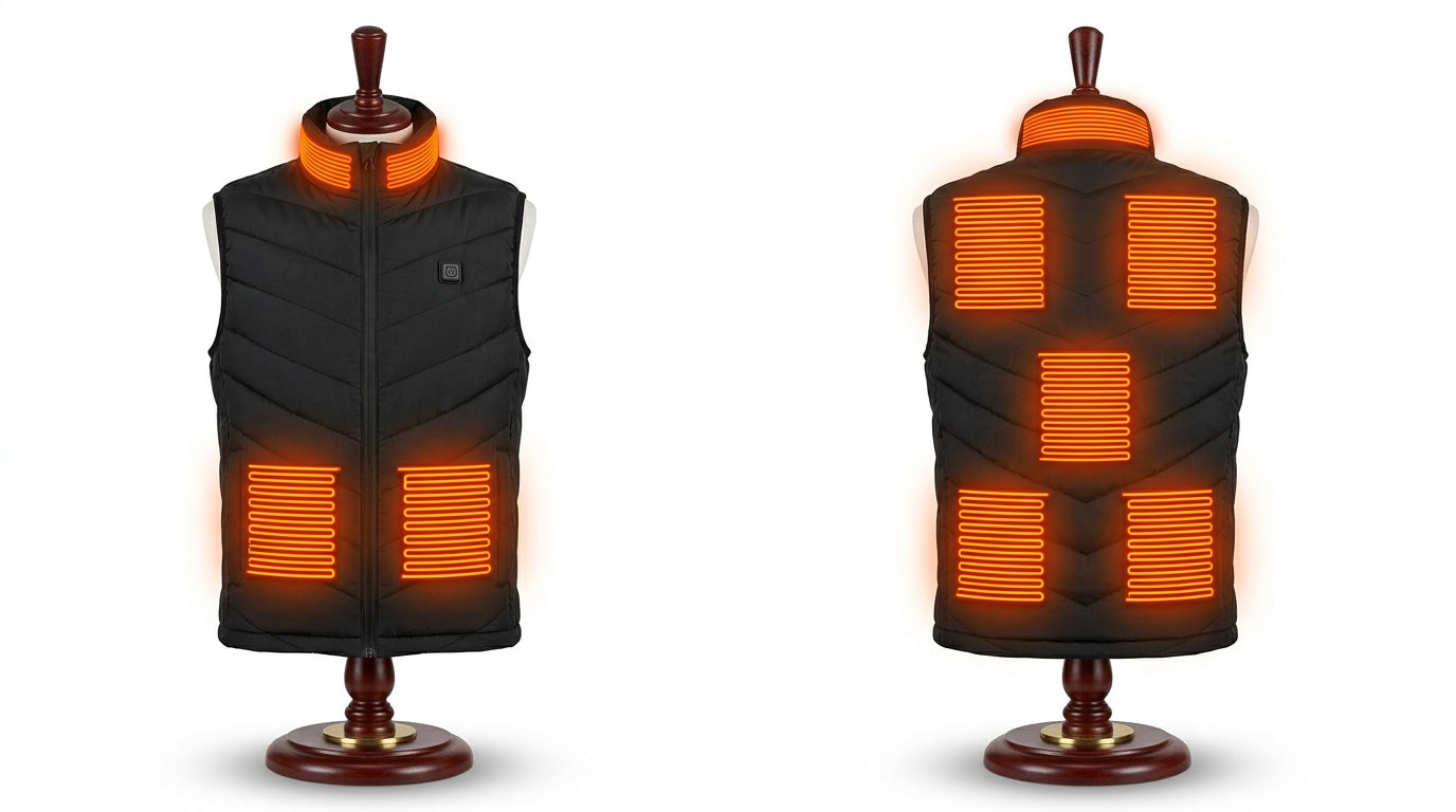 eight-zone heated vest in black displayed on mannequin stands showing all eight heating zones — Notting Hill Equine