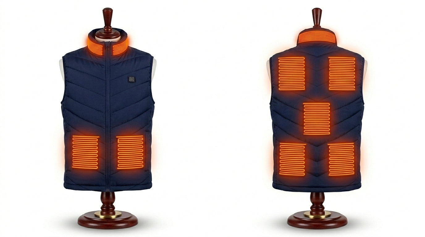 Eight-zone heated vest in navy blue on mannequin stands showing all eight heating zone positions — Notting Hill Equine