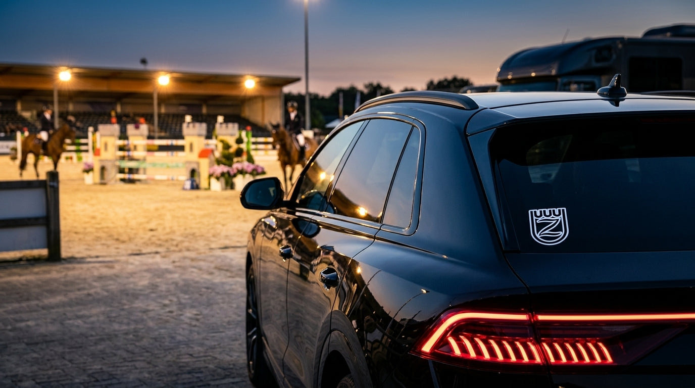 Zangersheide registry vinyl sticker on a black Audi Q8 outside a grand prix show jumping arena at dusk, warmblood breed sticker decal
