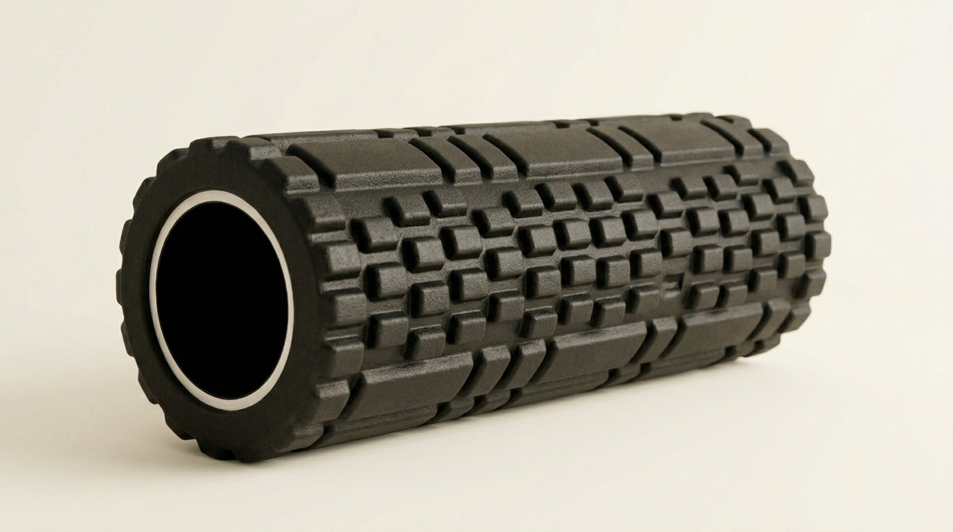 Black textured foam roller on a neutral background — Notting Hill Equine Rider Fitness