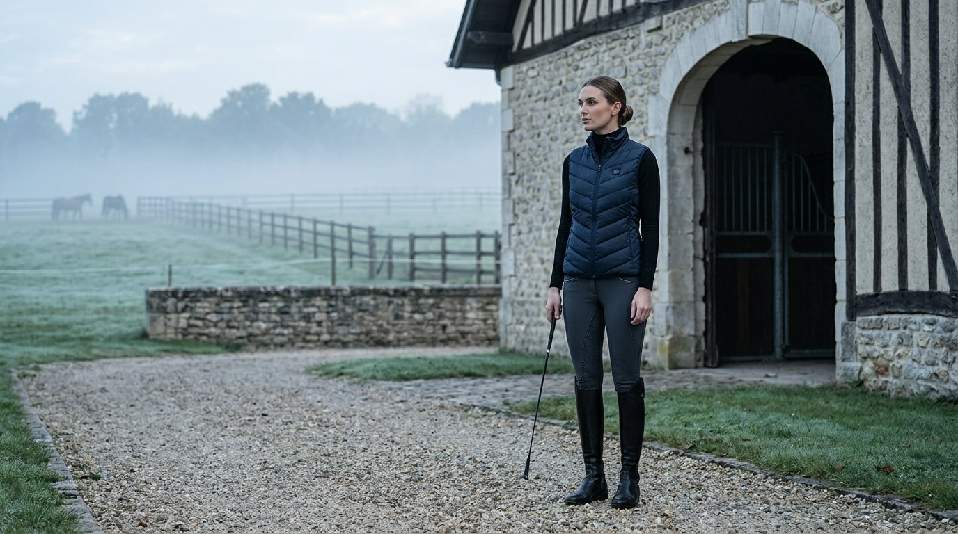 Woman wearing a navy blue heated vest standing outside an equestrian barn in early morning light — Notting Hill Equine