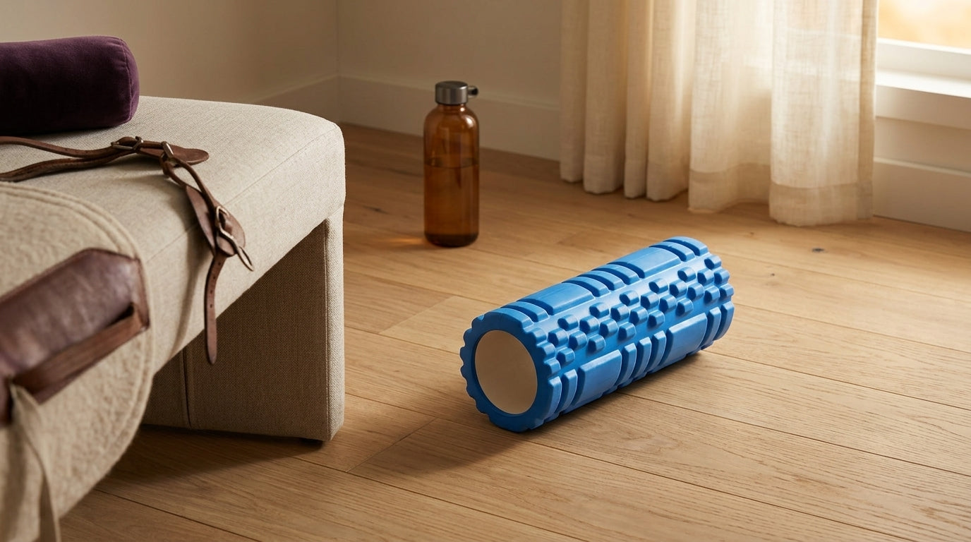 Blue foam roller on a neutral background — Notting Hill Equine Rider Fitness