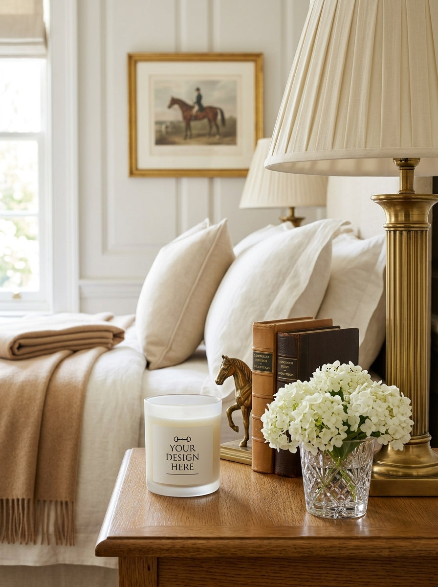 Candle with customizable label on a wooden table in a cozy living room.