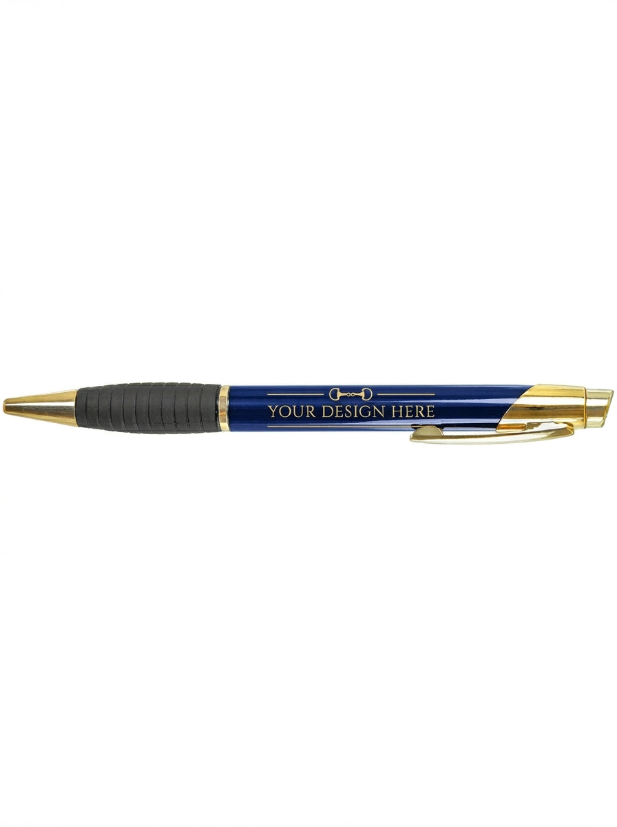 Pen with black grip, blue barrel, and gold accents on a white background