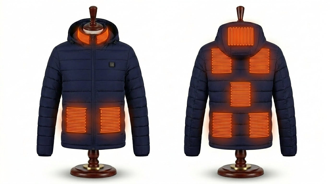 Deep dark blue heated puffer vest displayed on mannequin stands front and back — Notting Hill Equine
