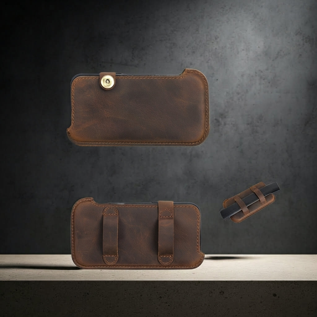 Leather Phone Holster for Riders with Magnetic Closure