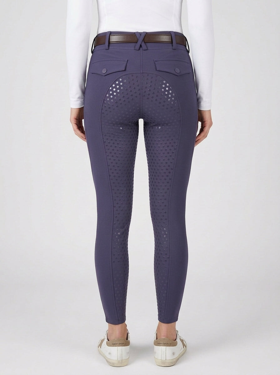 Purple riding pants with a pattern on a white background