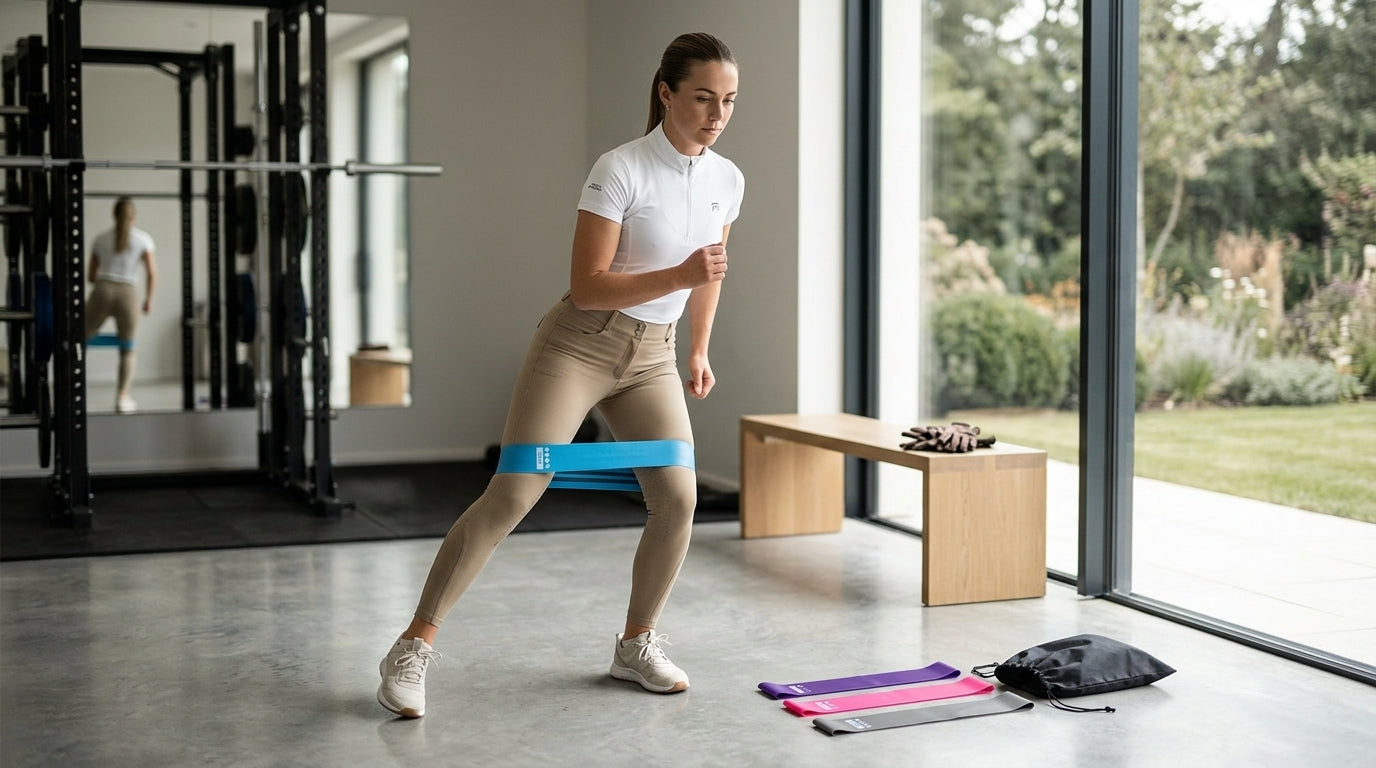 Female athlete performing a resistance band exercise on a yoga mat indoors — Notting Hill Equine Rider Fitness