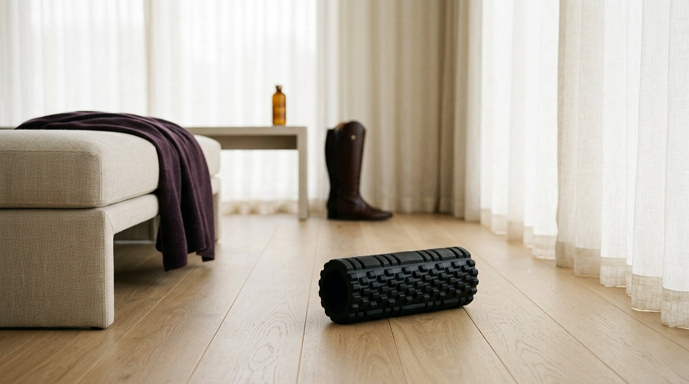 black Foam roller in a lifestyle home setting — Notting Hill Equine Rider Fitness