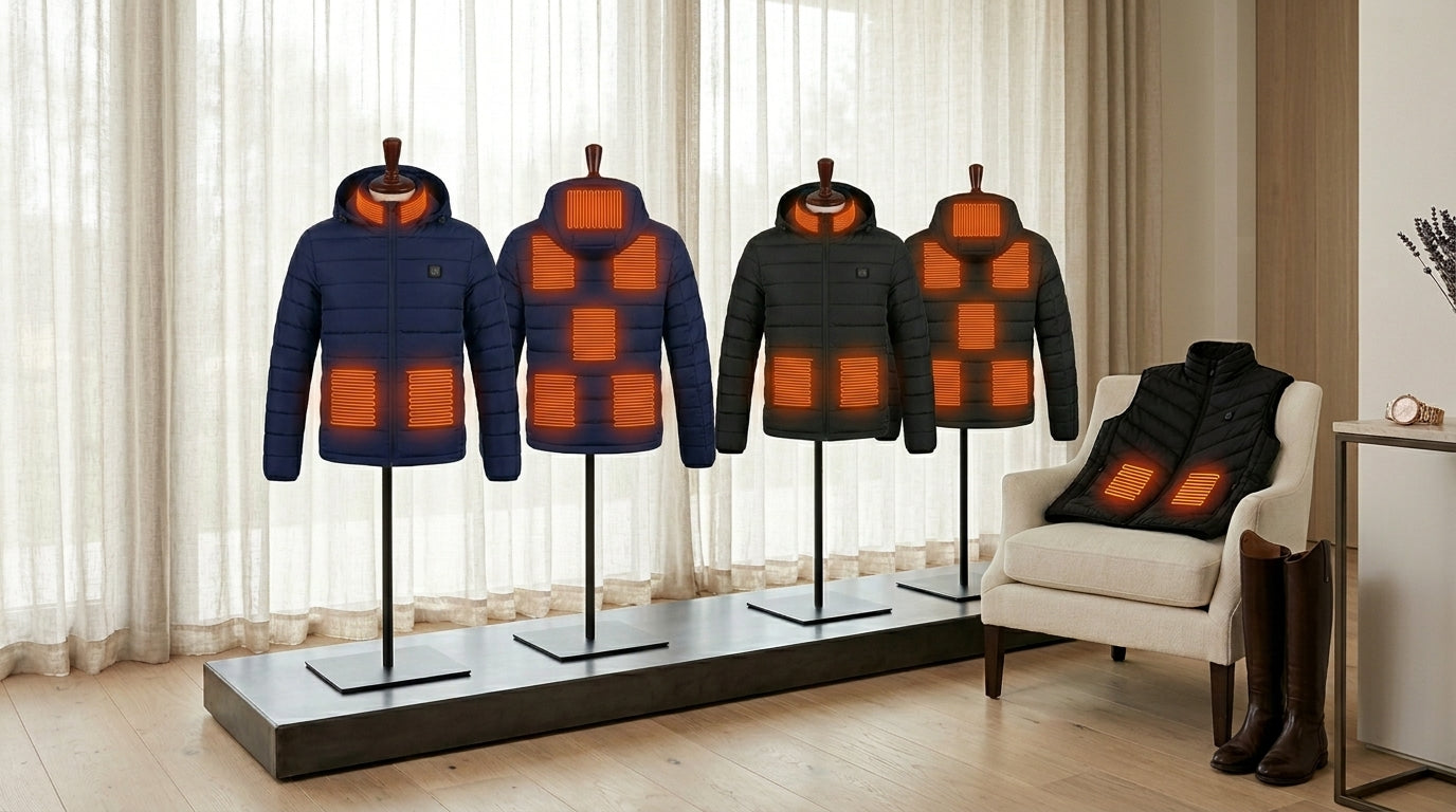 
Four heated puffer vests displayed on black mannequin stands showing front and back views — Notting Hill Equine