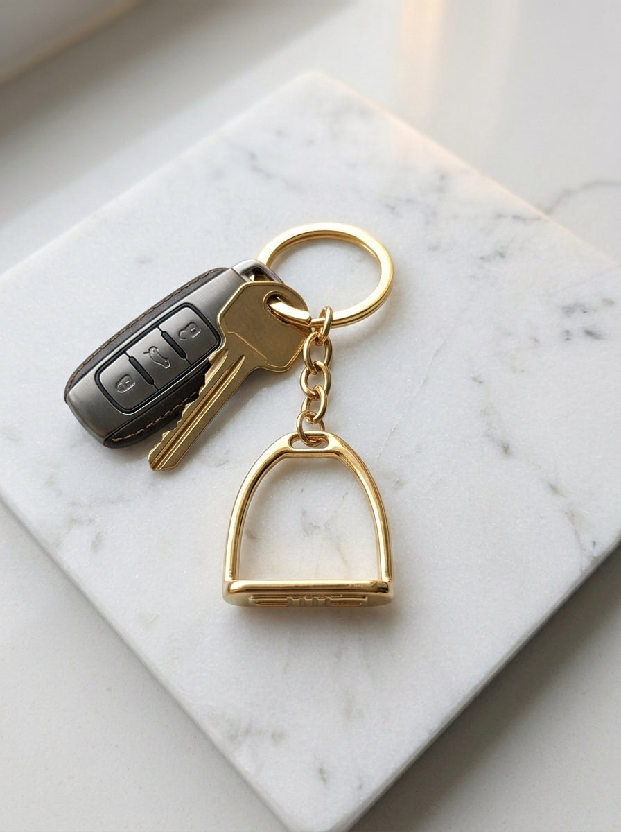 Keychain with a gold stirrup design on a marble surface