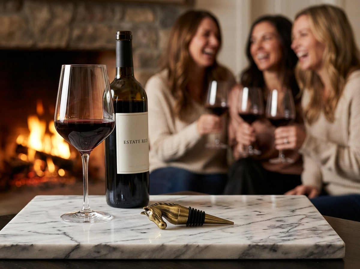 Antique gold horse head wine stopper lying on white marble surface with crystal wine glass and bottle, three women laughing by fireplace in background