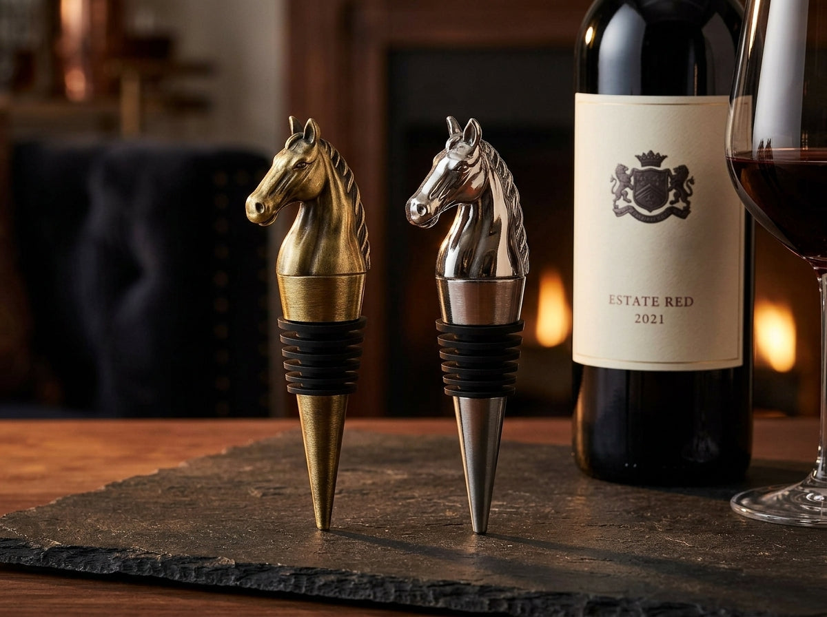Antique gold and polished silver horse head wine stoppers standing upright on slate board beside red wine bottle and crystal glass, fireplace glow in background