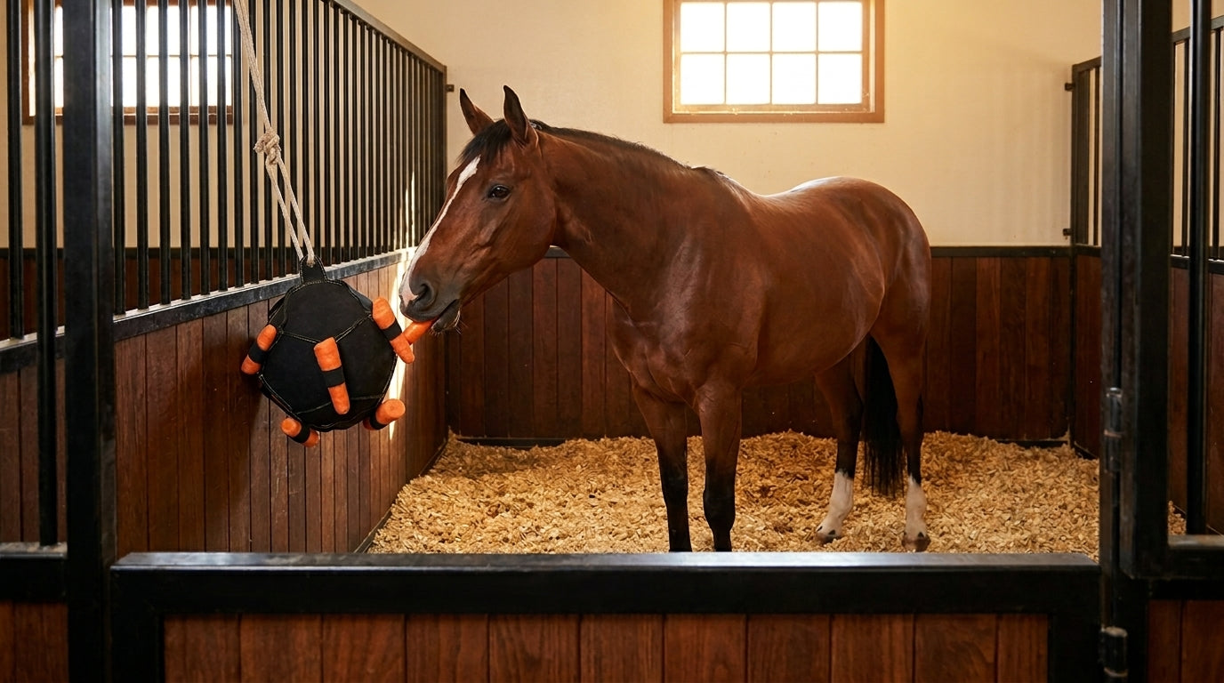 Brown horse standing in a stable with a black and orange ball.